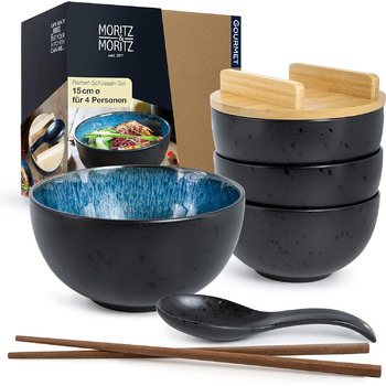 Набор Рамен Синий Реактивный, включая крышку и ложкуЧерный набор миска для рамена на 4 персоны - для супа, фо и суши Боул 4 шт. Bowl, 4 шт.