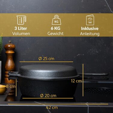 Чавунна форма для хліба Chefarone з кришкою - форма для хліба та тістечок - прямокутна форма для випікання та запікання - чавунна каструля для випікання хліба - 28 x 12 см (3 л 2 в 1)