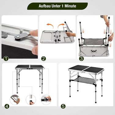 Складной кемпинговый стол алюминиевый регулируемый по высоте и легкий, с сетчатой поверхностью и S-образными крючками. Прочный уличный стол для пикника, рыбалки и сада (черный)