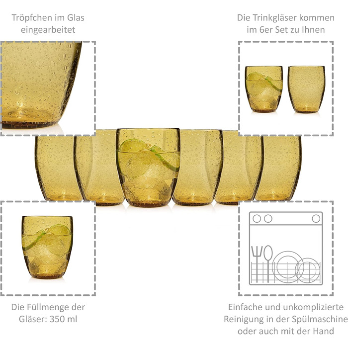 Набор бокалов для питья Singer Porto Набор стеклянных бокалов из 6 предметов на 6 человек, стакан для воды, разноцветный, уникальная огранка, повседневный, семейный ужин, офис, набор стаканов для сока на открытом воздухе 310 мл (Лондонский янтарь 6 шт.)