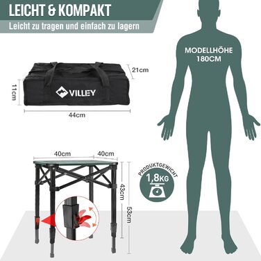 Алюминиевый раскладной стол для кемпинга 40 х 40 х 53 см VILLEY