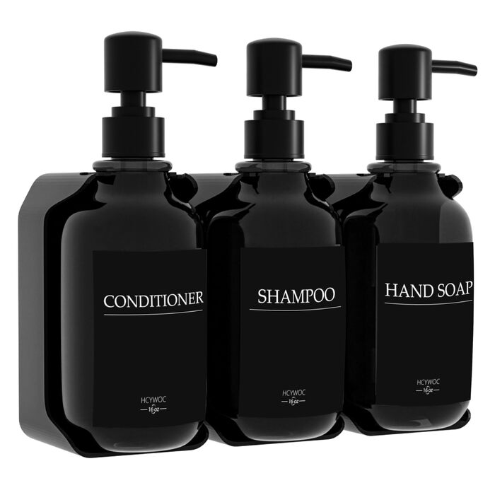 Набір з 3 дозаторів рідкого мила 500 мл з настінним тримачем, чорний колір HCYWOC