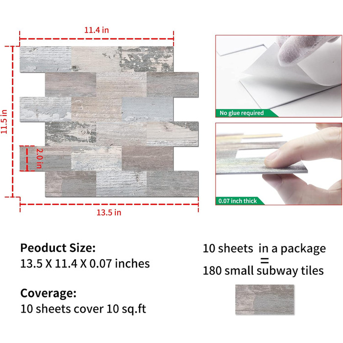 Штучна настінна плитка, самоклеюча панель для кухонного фартуха, тверда ПВХ плитка, клейка плитка для кухні та ванної кімнати (34 x 29 см) (10, рустикальний бейвуд)