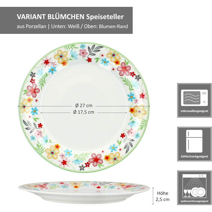 Набір із 6 тарілок для торта MamboCat Variant Floral Барвисті порцелянові тарілки для сніданку на 6 осіб Барвисті маленькі тарілки для салату, десерту та інших страв на сніданок, обід, каву та вечерю (плоскі тарілки для вечері)