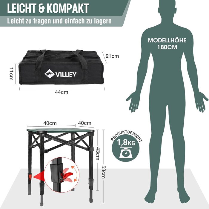 Алюминиевый раскладной стол для кемпинга 40 х 40 х 53 см VILLEY