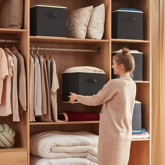 Складні кубики для зберігання Lifewit 6 шт. 18 л, середні декоративні тканинні ящики для зберігання з ручками для організації полиць шаф, 26,5 x 26,5 x 28 см, (чорний, 33x33x33 см)