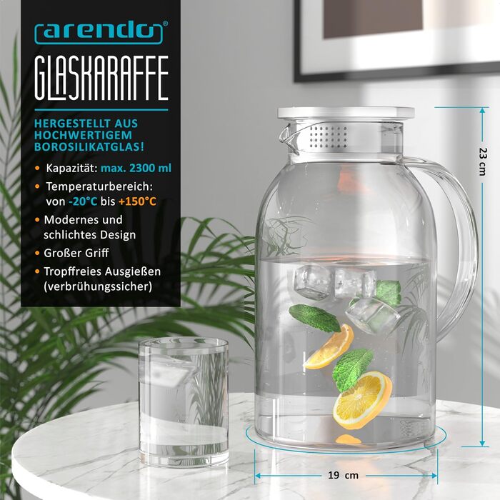 Скляний глечик з кришкою з нержавіючої сталі 2,3 л Arendo