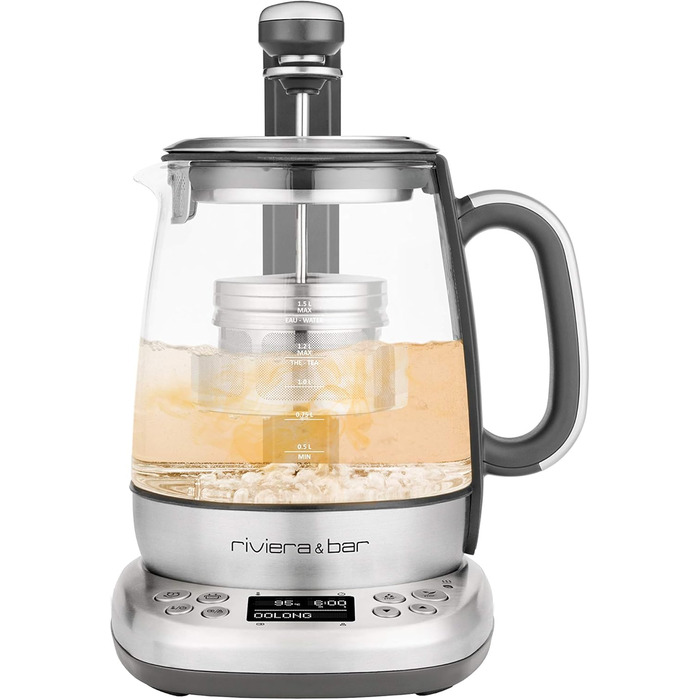 Чайник riviera&bar Cha Dao Expert з регульованою температурою, загартоване скло та нержавіюча сталь, тихий режим, оптимальне заварювання чаю, 1,5 л, 22 x 36,5 x 29,5 см