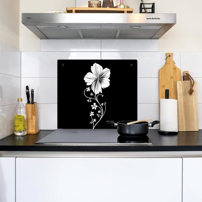 Фартух для плити, кухонний фартух, вініл, 78x52 см, декор для кухні, облицювання стіни, кришка для плити - сіро-чорна (квітка - чорна, 52Д x 60Ш см)