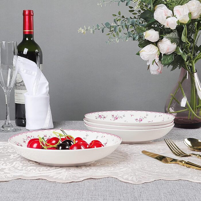 Набір обідніх тарілок fanquare з 4 плоских тарілок з білого порцеляни Ø 275 мм, Royal Vintage, рожеві квіти, для кейтерингу та домашнього використання, обідня тарілка 10,8 дюйма (салатна тарілка 7,9 дюйма)