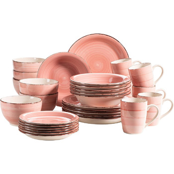 Вінтажний набір посуду з 30 предметів на 6 осіб, комбінований сервіз з керамічного розпису, керамограніт, (рожевий)