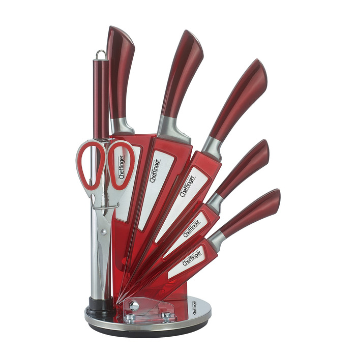 Профессиональный набор ножей, 8 предметов, с подставкой, самозатачивающиеся, высококачественная нержавеющая сталь, красный цвет