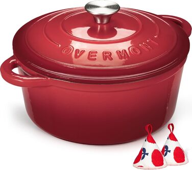 Чавунна форма для запікання Overmont Enamel - 26 см, придатна для використання в духовці, з кришкою та кулінарною книгою - для випікання, тушкування, запікання, білого кремового кольору (26 см-5,2 л, червоного кольору)