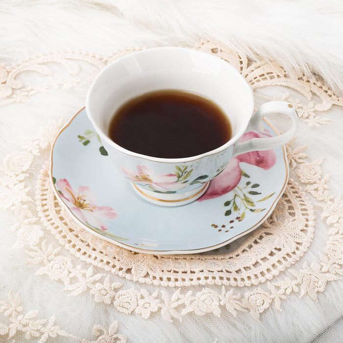 Чайні чашки з блюдцями Fanquare з квітковим візерунком, набір з 6 шт. , різноманітні порцелянові кавові чашки з пастельними квітковими принтами та золотим обідком, придатні для миття в посудомийній машині та заморожування, рожеві та блакитні