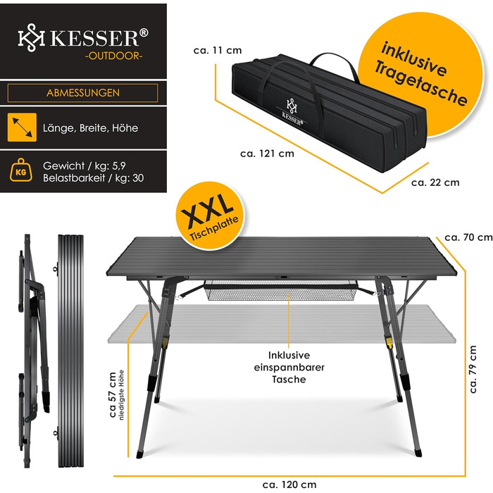 Стол для кемпинга KESSER Складной складной стол с алюминиевой рамой Рулонная столешница Складной стол Регулировка высоты, включая сумку для переноски с ремнем для переноски 90 x 53 см - до 30 кг, (120 см x 70 см, антрацит)