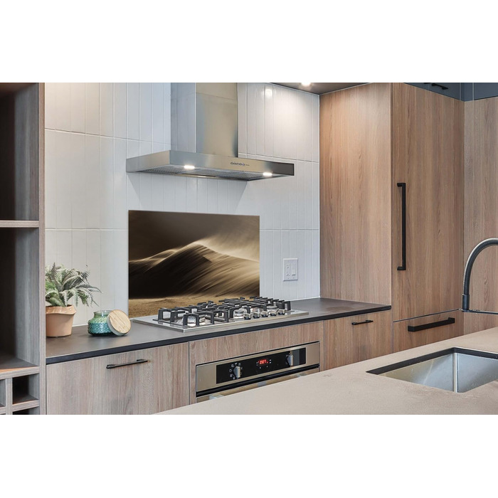 Панель для кухонного фартуха, бризкозахисна панель, декор для кухні, алюмінієва панель, бризкозахисна панель для плити, альтернатива скляній панелі, чорна - з малюнком - суцільна - чорна - темна - (пустеля, 100x65 см)