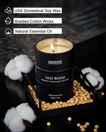 Ароматичні свічки M&SENSE Oud Wood з натурального соєвого воску, 320 г натуральної соєвої свічки для домашнього декору, тривале горіння до 70 годин, класні подарункові свічки для чоловіків і жінок, 320 г Oud Wood