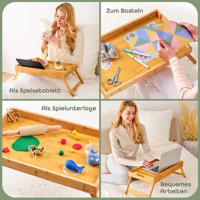 Бамбуковий піднос Blumtal з дерев&39яною підставкою для планшетів/телефонів - Піднос для сніданку для ліжка - Складаний столик для ліжка 50 x 30 x 6 см - Столик для ноутбука для дивана - Міцний піднос для дивана білий (натуральний)