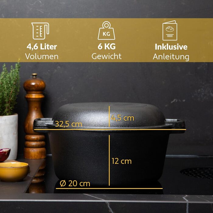 Чугунная жаровня 4,7 л круглая с крышкой 26 см, черная Chefarone