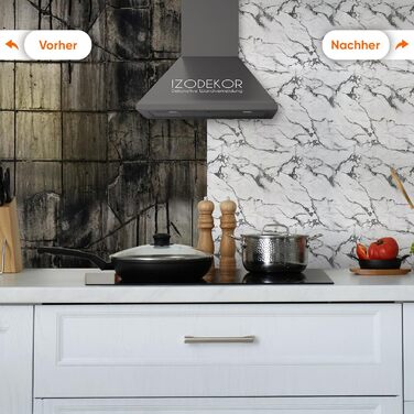 Стінові панелі IZODEKOR під мармур 60x120 см Панель для кухонного фартуха ПВХ-облицювання стін для кухні, ванної кімнати Бризкозахисний екран для кухні Водонепроникний та термостійкий (4 панелі 4 монтажних клею, Arctic Breeze)