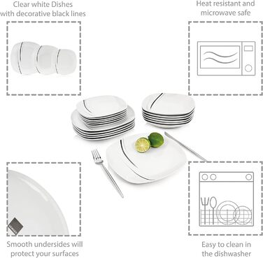 СПІВАЧКА Порцеляновий столовий сервіз Bilgola Black Lines, набір посуду з 18 предметів на 6 персон, набір тарілок, квадратний столовий сервіз 18 шт.