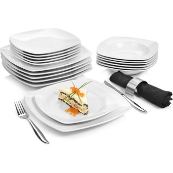ПЕВЕЦ Набор тарелок Striking 18 предметов, набор фарфоровой посуды на 6 персон, сейф для посудомоечной машины, столовая посуда с обеденными тарелками и глубокими тарелками, квадратная посуда белая, столовый сервиз современный столовый сервиз 18 предметов