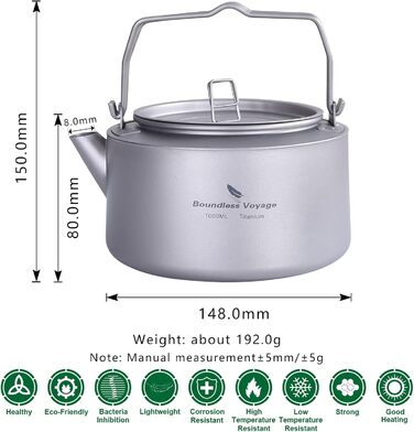 Титановий чайник для кемпінгу зі складними ручками 1 л Boundless Voyage