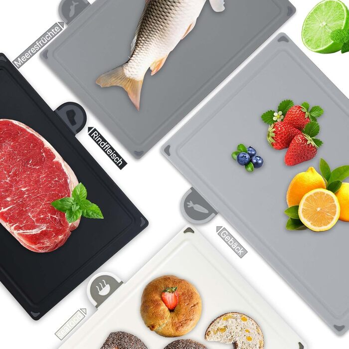 Набір обробних дощок BOCHION, пластикові дошки з іконками продуктів та піддоном, нековзні та без BPA, антибактеріальні дошки для риби, овочів, фруктів, мяса, хліба (набір з 4, чорний, білий, сірий)