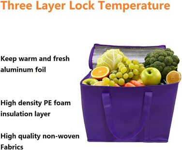 Сумка-холодильник XL на блискавці, багаторазова, зберігає їжу гарячою або холодною, ідеально підходить для прийому їжі, Instacart, ресторани, фіолетова, 2 шт.