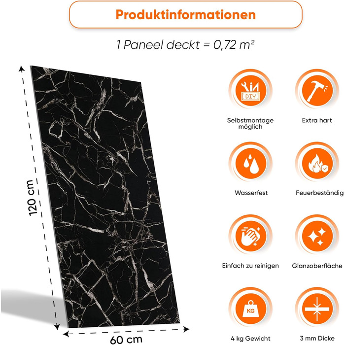 Стінові панелі IZODEKOR під мармур 60x120 см Панель для кухонного фартуха ПВХ-облицювання стін для кухні, ванної кімнати Бризкозахисний екран для кухні Водонепроникний та термостійкий (4 панелі 4 монтажних клею, чорно-білий)