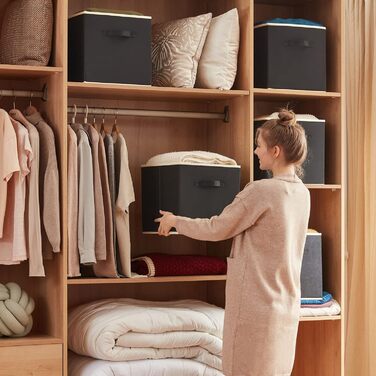 Складні кубики для зберігання Lifewit 6 шт. 18 л, середні декоративні тканинні ящики для зберігання з ручками для організації полиць шаф, 26,5 x 26,5 x 28 см, (чорний, 33x33x33 см)