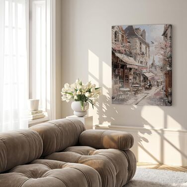 Картина на полотні STYLER 60 x 80 см I Жінка в літньому капелюсі Середземноморський прибережний пейзаж I Вітальня, спальня, офіс I Настінна прикраса з морським колоритом на тему відпочинку I Зроблено в Європі (100Д x 70Ш см, Міська прогулянка)
