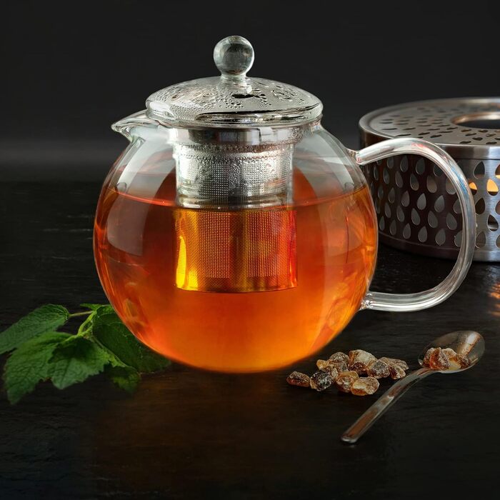 Чайник из стекла Creano 1,3 л, стеклянный чайник из 3 частей со встроенным ситечком из нержавеющей стали и стеклянной крышкой, идеально подходит для приготовления рассыпного чая, без капель, все в одном (0,85 л подогреватель)
