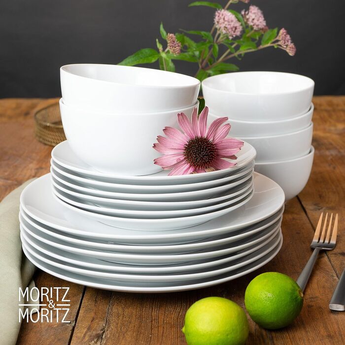 Набор посуды на 6 персон современный - изготовлен из высококачественного фарфора в классическом белом цвете - состоит из 6 обеденных тарелок, 6 десертных тарелок и 6 мисок Набор посуды из 18 предметов, 18 шт., - Mness aptieka