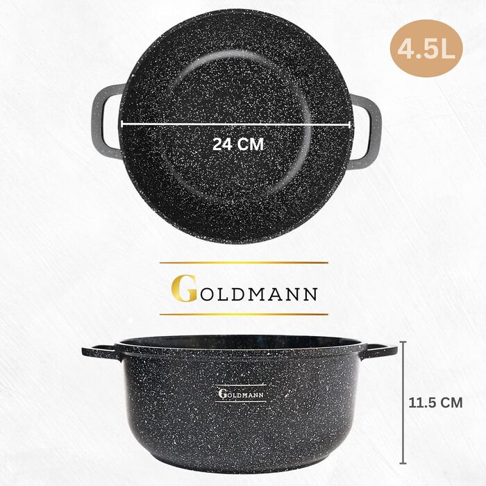 Каструля/горщик GOLDMANN з антипригарним покриттям та скляною кришкою, 6,5 л, мармурове керамічне покриття, для всіх варильних поверхонь, екологічно чиста (24 см)