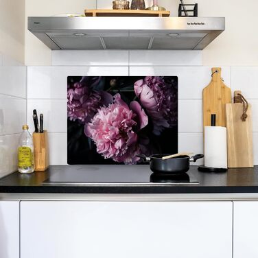 Фартух для плити, кухонний фартух, вініл, 78x52 см, декор для кухні, облицювання стіни, кришка для плити - сіро-чорна (квіти - рожеві, 52Д x 65Ш см)