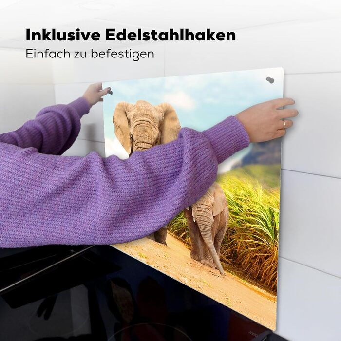 Фартух для плити, кухонний фартух, вініл, 78x52 см, декор для кухні, облицювання стіни, кришка для плити - сіро-чорна (слони - тварини, 78Д x 78Ш см)