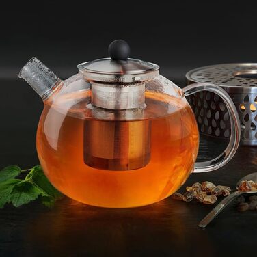 Скляний чайник Creano 1.3 л, скляний чайник із 3 частин із вбудованим ситечком з нержавіючої сталі та скляною кришкою, ідеально підходить для приготування сипучих чаїв, без крапель, моноблок (1,6 л)