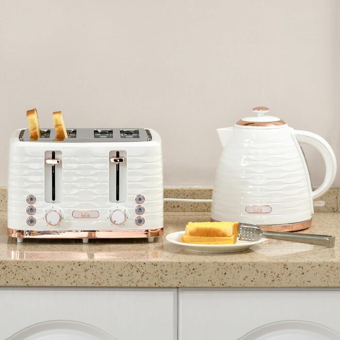 Набір для сніданку HOMCOM Kettle Toaster Set з чайником 1,7 л, тостером на 4 скибочки, 2200 Вт, 7 рівнів підрум&39янення, розморожуванням, розігрівом та лотком для крихт, термостатом Otter, кремово-білим