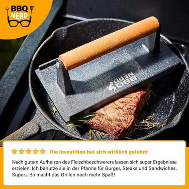 Чавунний прес для м'яса 21 x 11 см з дерев'яною ручкою, квадратний BBQ Nerd