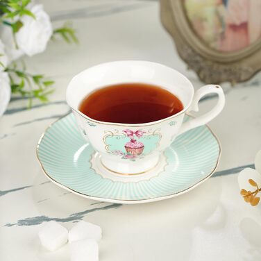 Чайні чашки з блюдцями fanquare з квітковим візерунком, набір з 6 шт. , різноманітні пастельні квіткові порцелянові кавові чашки з золотим обідком, придатні для миття в посудомийній машині та заморожування (рожеві та зелені)