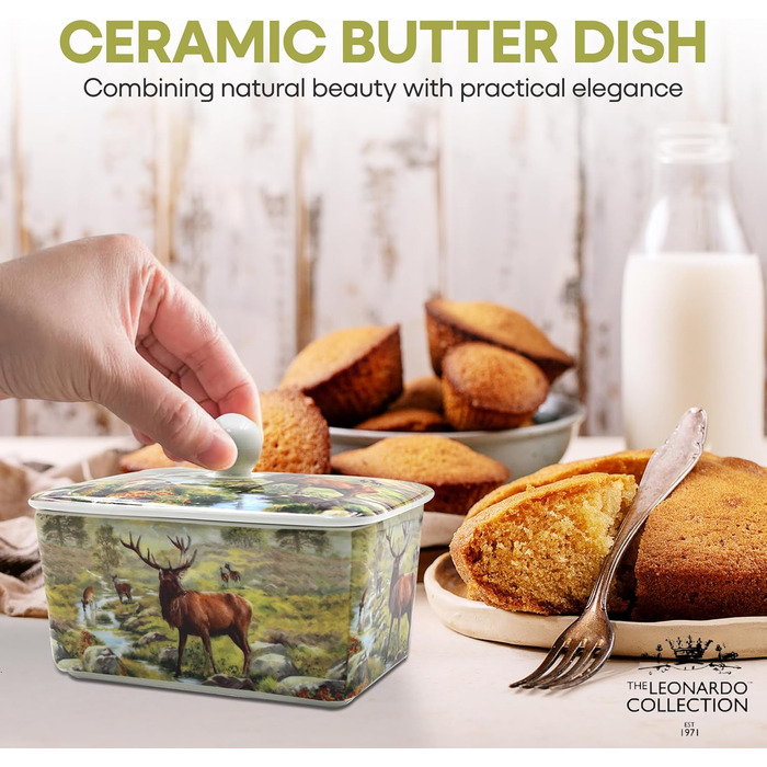 Маслянка з кришкою, китайська кераміка, з гарними акварельними мотивами, дизайн якої розроблено галереєю Дженніфер Роуз для Busy Bees (біла з ілюстрацією оленя натурального кольору)