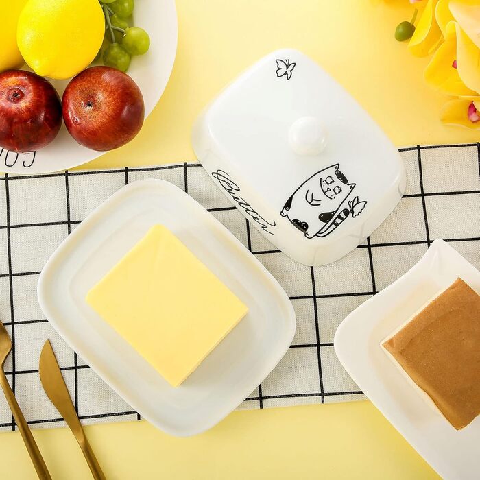 Маслянка з ручкою для 250 г вершкового масла, високоякісна кераміка, білий колір з квітковим та бджолиним візерунком, порцеляна, класична маслянка, дзвіночок для масла, маслянка, контейнер для масла, коробка для масла, можна мити в посудомийній машині (ка