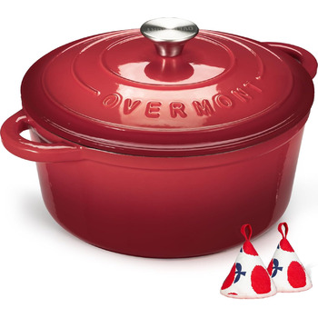 Чавунна форма для запікання Overmont Enamel - 26 см, придатна для використання в духовці, з кришкою та кулінарною книгою - для випікання, тушкування, запікання, білого кремового кольору (26 см-5,2 л, червоного кольору)