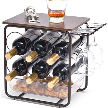 Винная стойка APEXCHASER, отдельно стоящий винный держатель, винная стойка с подстаканником, деревянные столешницы и место для хранения пробки, полка для бутылок на 6 бутылок, держатель для бутылки шампанского для кухни, столовой, бара