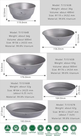 Безмежна подорож Титанова пластина Тарілка Відкритий кемпінговий посуд Зовнішня миска Титановий посуд і посуд Вимірювальний набір для кемпінгового рюкзака (Ti15167A-U)
