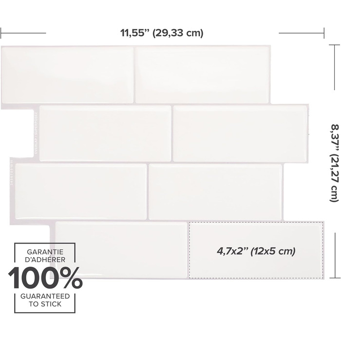 Наклейки для плитки, що самоклеяться - упаковка з 5 аркушів 29,36 см x 21,29 см - 3D самоклеючі ПВХ наклейки для плитки та фартуха для кухні, ванної кімнати та стін, кольорова та водонепроникна плитка (біла)