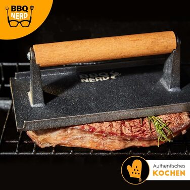 Чавунний прес для м'яса 21 x 11 см з дерев'яною ручкою, квадратний BBQ Nerd