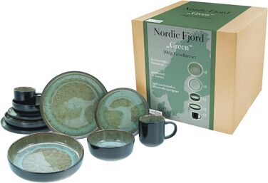Серия Nordic Fjord набор посуды из 18 предметов, набор тарелок из керамогранита (комбинированный сервиз 10 шт., зеленый), 21551
