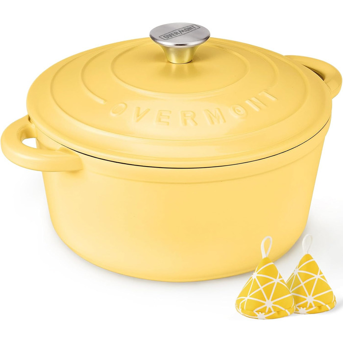 Чавунна форма для запікання Overmont Enamel - 26 см, придатна для використання в духовці, з кришкою та кулінарною книгою - для випікання, тушкування, запікання, білого кремового кольору (26 см-5,2 л, гусячий жовтий)